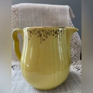 Hall’s Superior Yellow Gold Floral Trim Pitcher 48oz 6” Tall Vintage Kitchenware